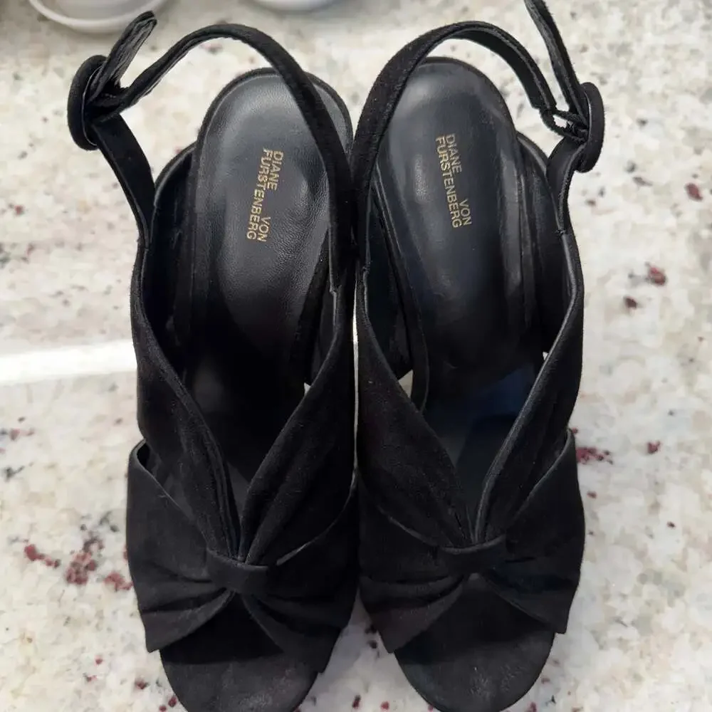 Diane von Furstenberg‎ Sz 7 Black Suede Knotted Heidi Slingback Platform Sandal